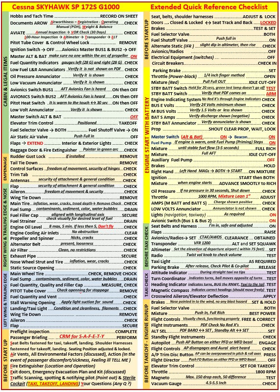 Cessna Skyhawk 172S G1000 Universal Student Pilot Quick Reference Checklist,  All In One