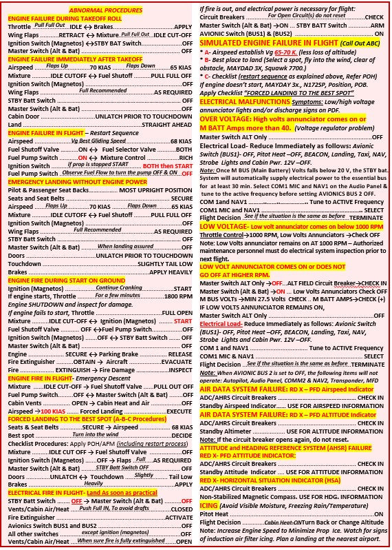 Cessna Skyhawk 172S G1000 Universal Student Pilot Quick Reference Checklist,  All In One