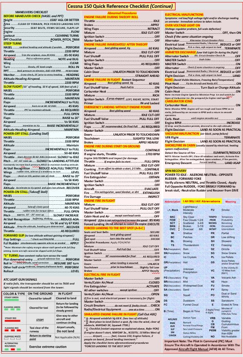 Cessna 150 Pilot Operating Handbook (POH)  and Extended Checklist