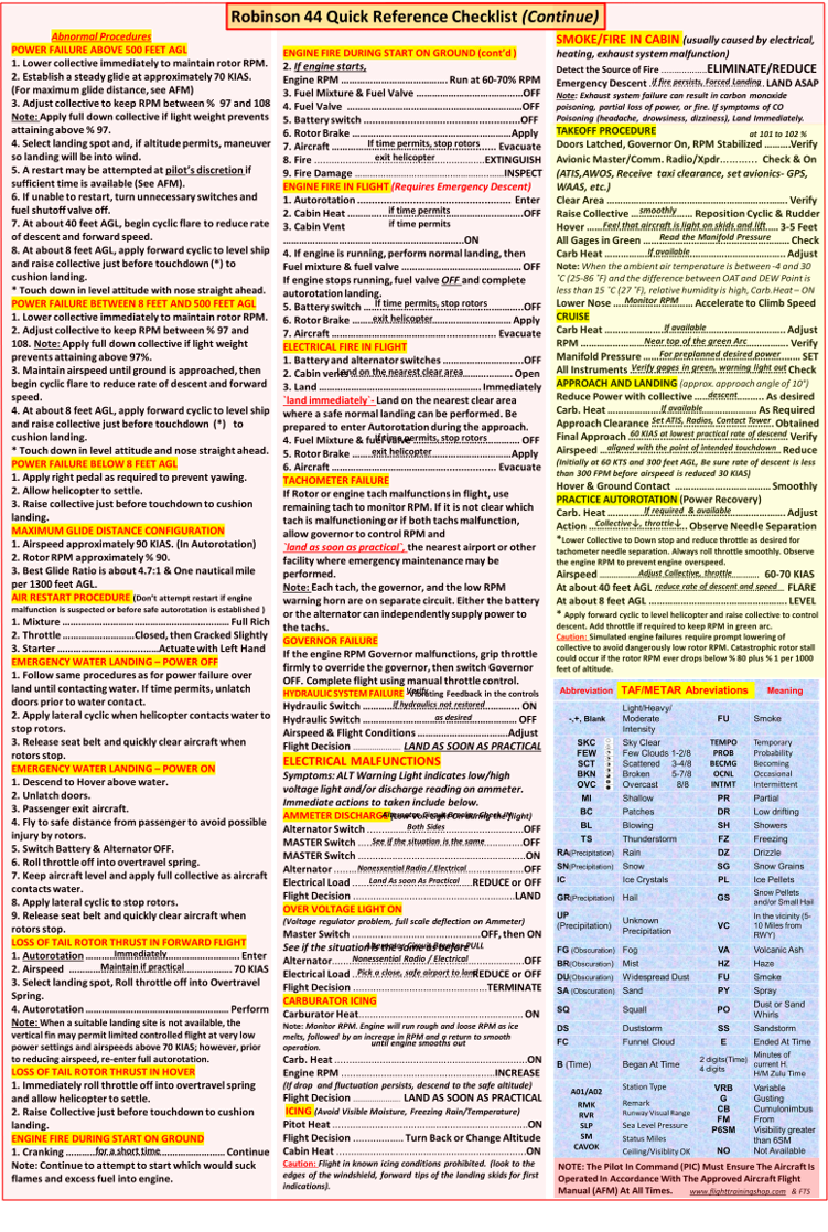 Robinson 44 Helicopter POH & Extended Quick Reference Checklist (QRC), All In One