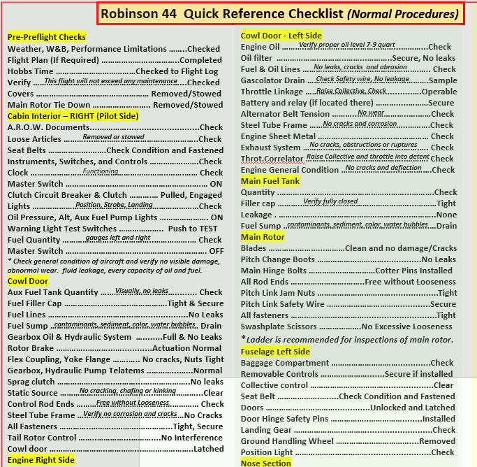Robinson 44 (R44) Helicopter Extended Universal QRef Checklist for Student Pilots, All In One