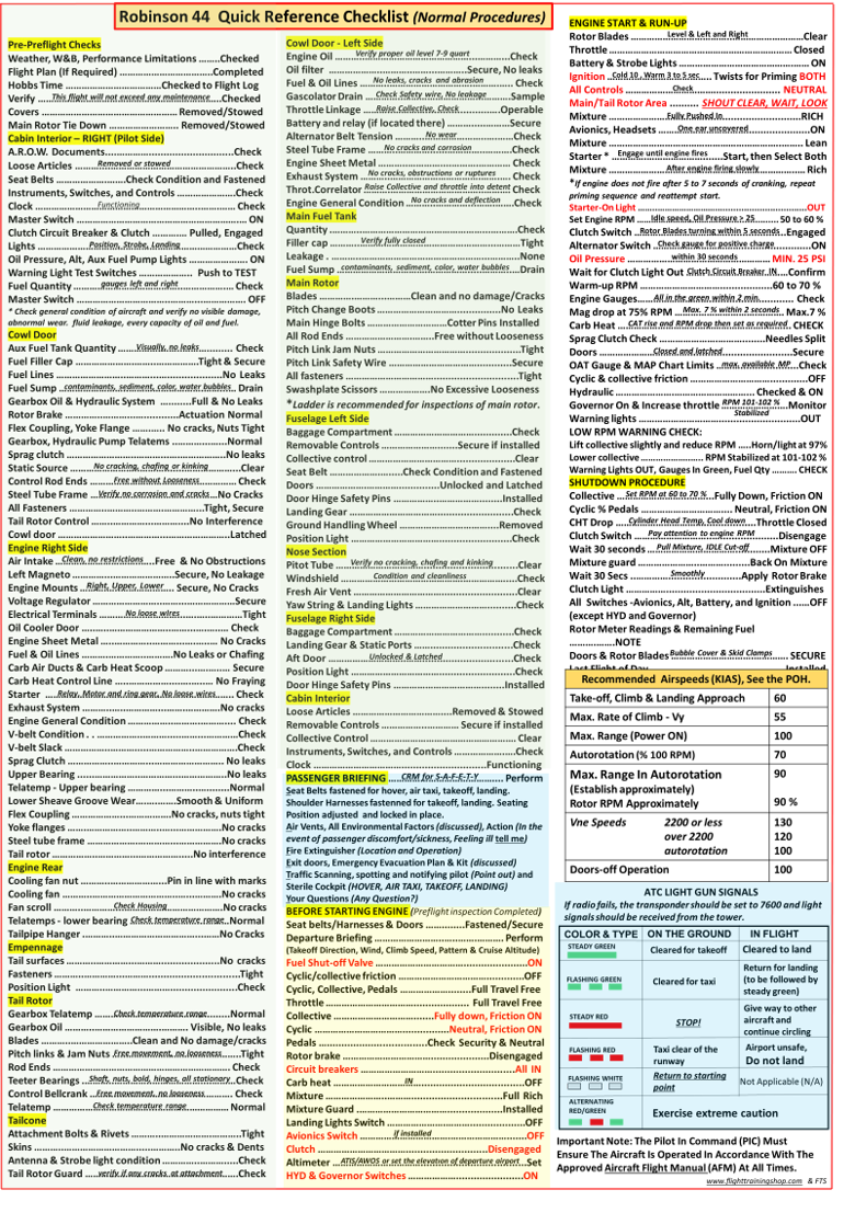 Robinson 44 (R44) Helicopter Extended Universal QRef Checklist for Student Pilots, All In One