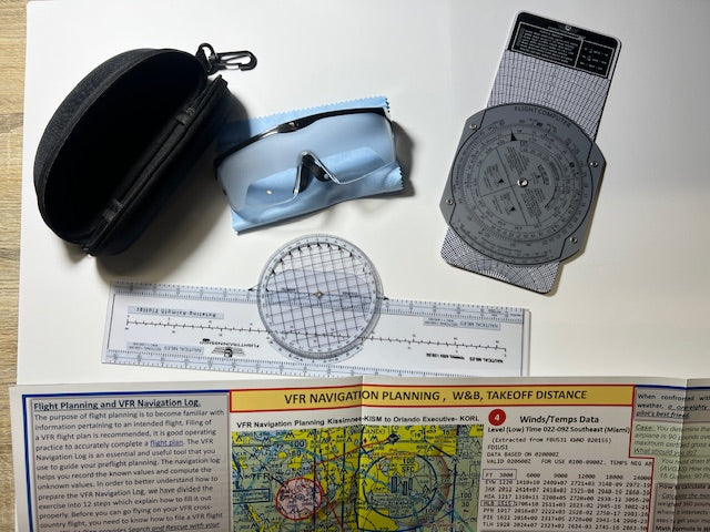 Private Pilot Training Gears,  (E6B) Computer, Rotating Plotter, View Limiting Device (Foggle) and Visualized VFR NAV Planning Poster ALL IN ONE